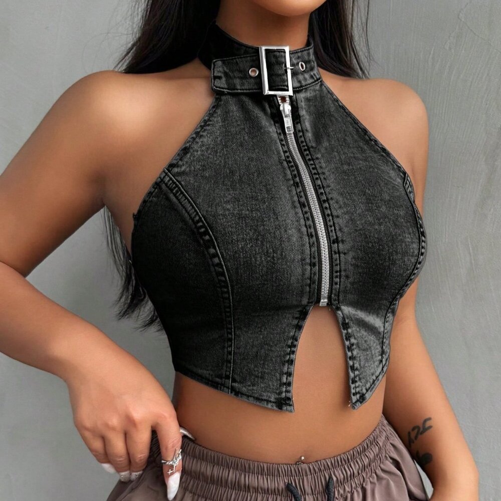 Black Sexy Women's Backless Slim-Fit Denim Top With Halter Neck - Picture 4 of 6